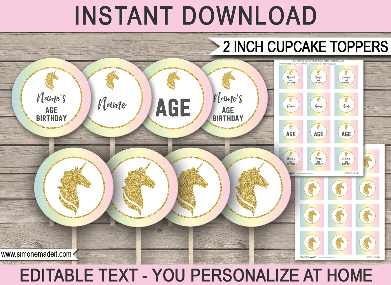 Printable Unicorn Cupcake Toppers Template | 2 inch | Gift Tags | DIY Editable Text | INSTANT DOWNLOAD via simonemadeit.com