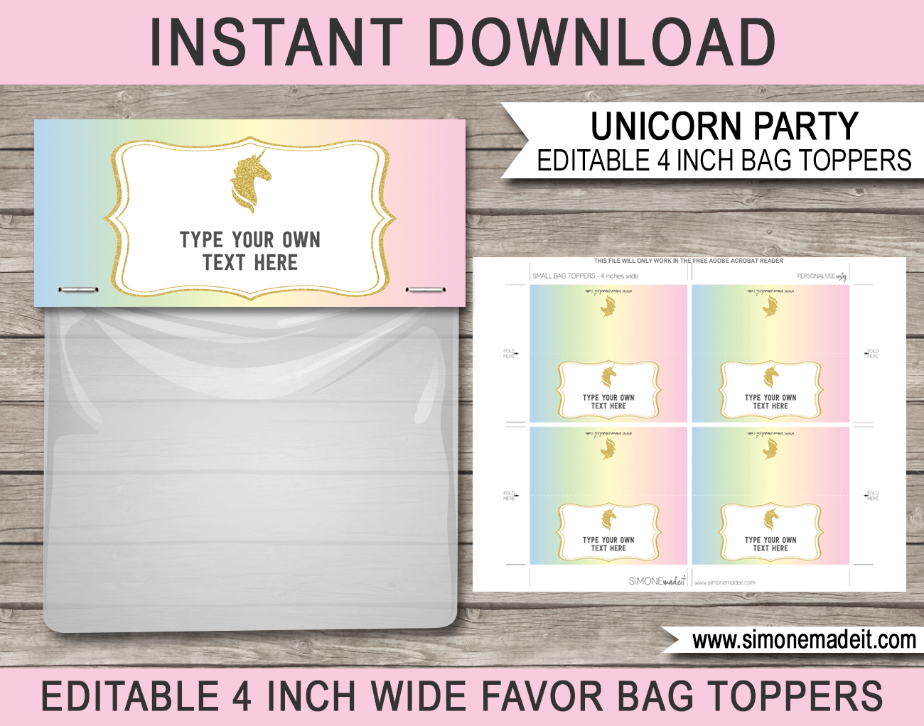 Unicorn Favor Bag Toppers | Unicorn Theme Birthday Party | Favor Tags | Thank You Tags |  DIY Editable & Printable Template | Instant Download via simonemadeit.com