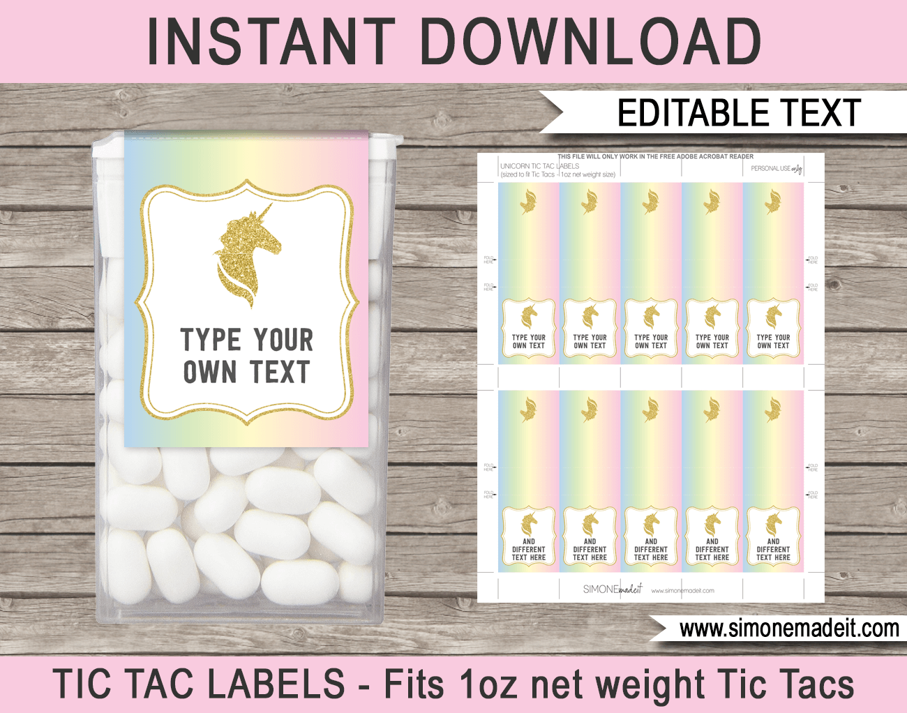 Unicorn Tic Tac Labels | Unicorn Birthday Party Favors | Unicorn Theme Printable Template | Instant Download via simonemadeit.com
