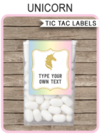 Unicorn Tic Tac Labels | Unicorn Birthday Party Favors | Unicorn Theme Printable Template | Instant Download via simonemadeit.com