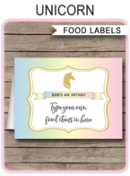 Unicorn Food Labels | Food Buffet Tags | Place Cards | Unicorn Theme Birthday Party | Editable DIY Template | Instant Download via SIMONEmadeit.com