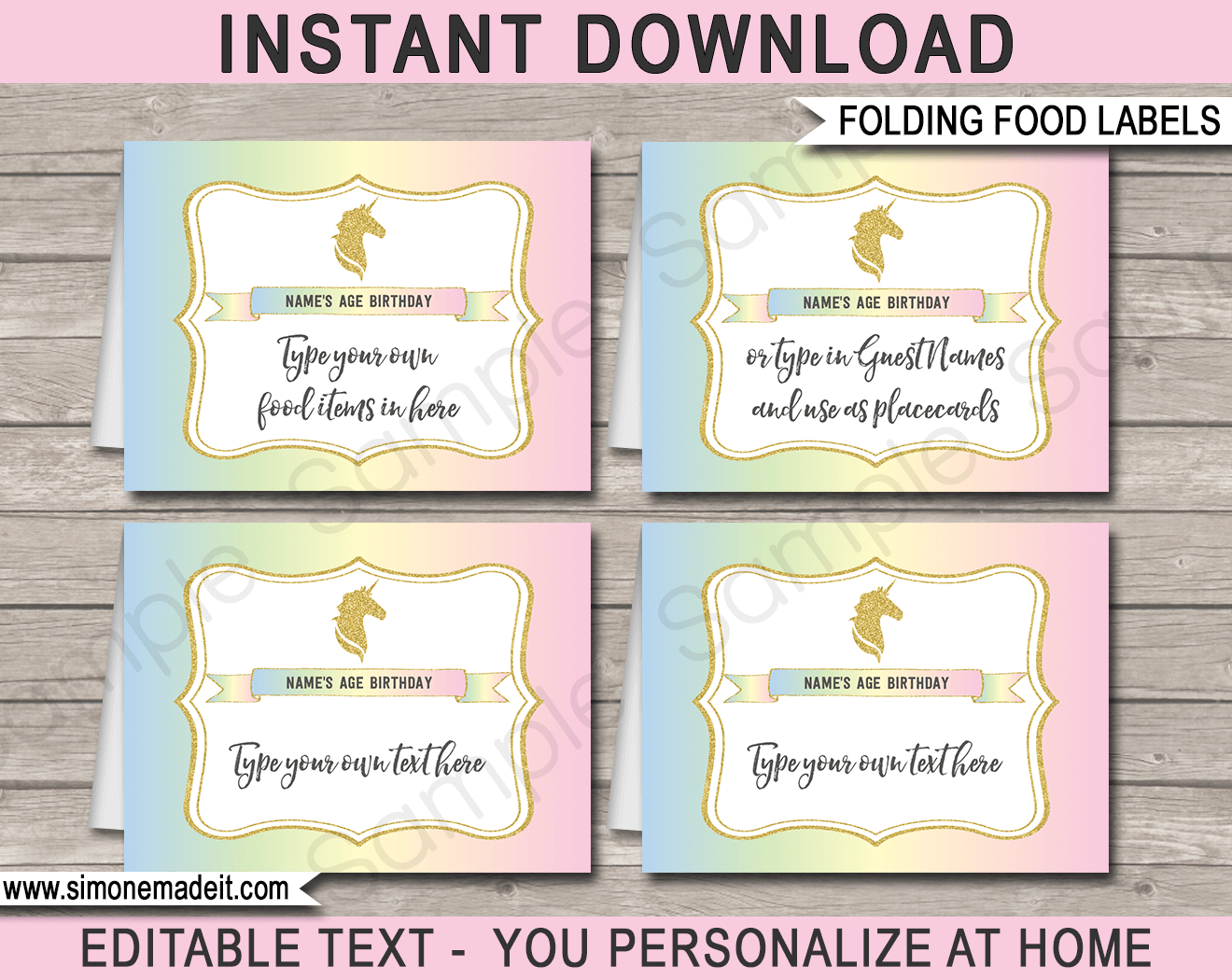 unicorn food labels template place cards birthday party theme