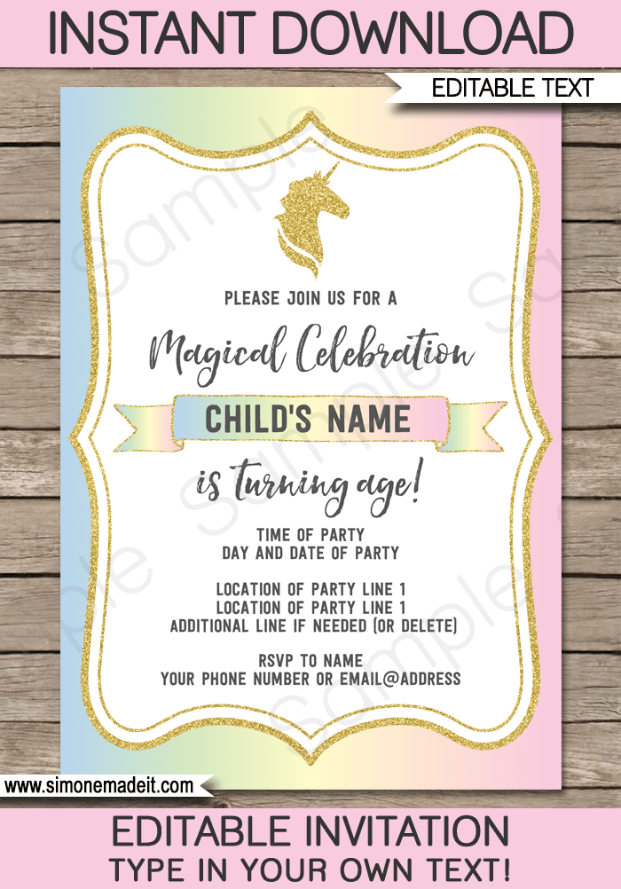 instant download edit yourself invitation,Template Editable Unicorn with mustache TRY BEFORE you BUY