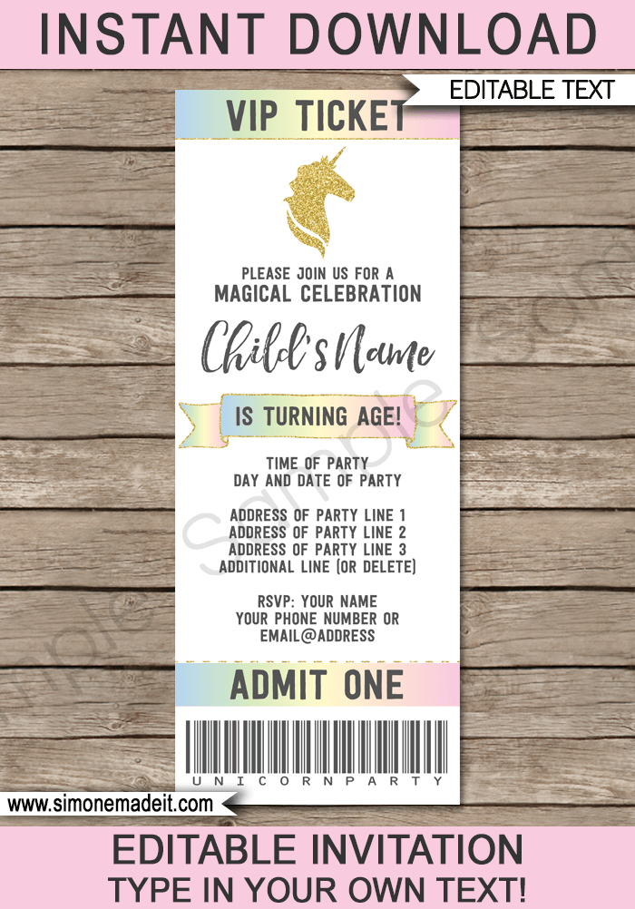 Unicorn Party Ticket Invitations | Unicorn Theme Birthday Party Invite | DIY Editable & Printable Template | Instant Download via simonemadeit.com