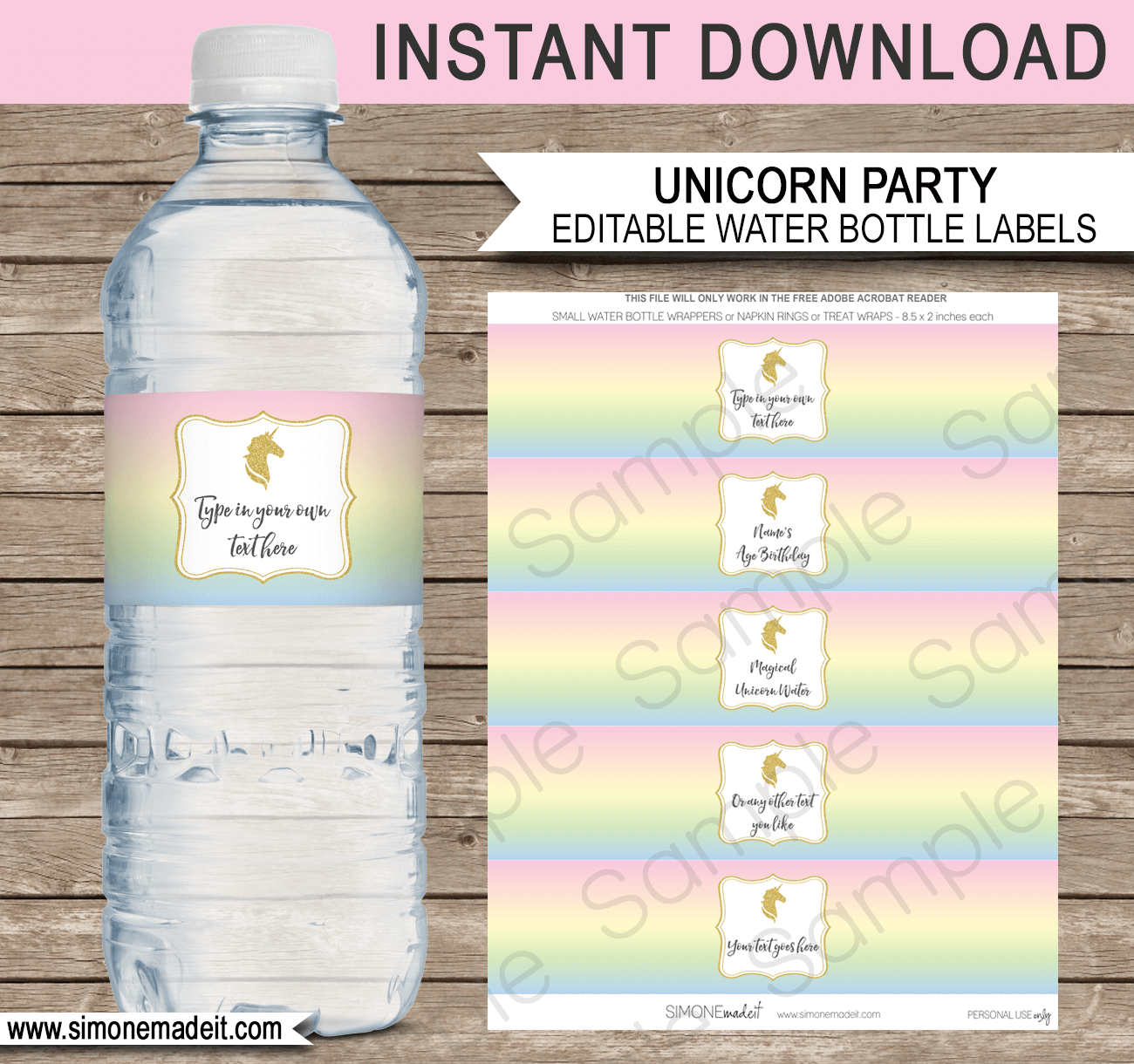 Unicorn Water Bottle Labels | Unicorn Theme Birthday Party Template | Napkin Wraps | Treat Wraps | DIY Editable & Printable Template | INSTANT DOWNLOAD via simonemadeit.com