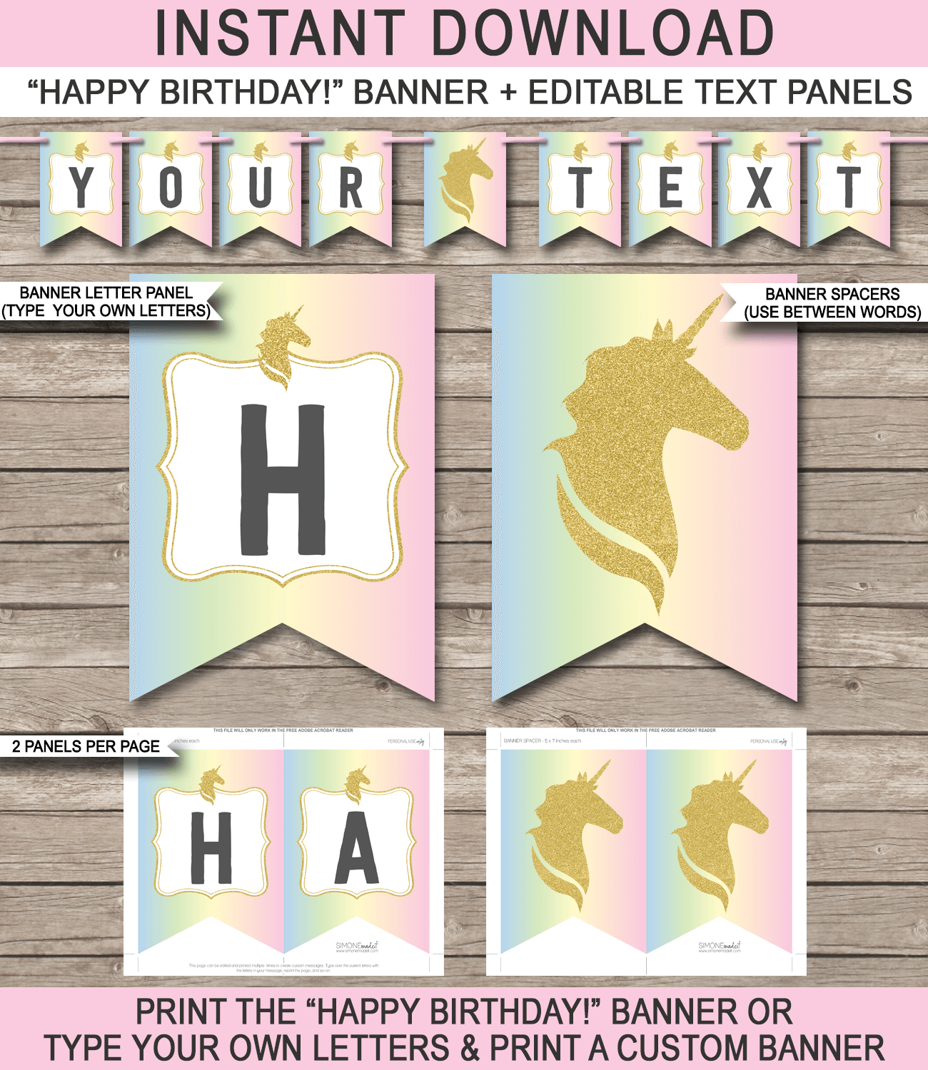 Unicorn Pennant Banner Template | Unicorn Theme Happy Birthday Banner | Custom Banner | DIY Editable & Printable Template | Instant Download via simonemadeit.com 