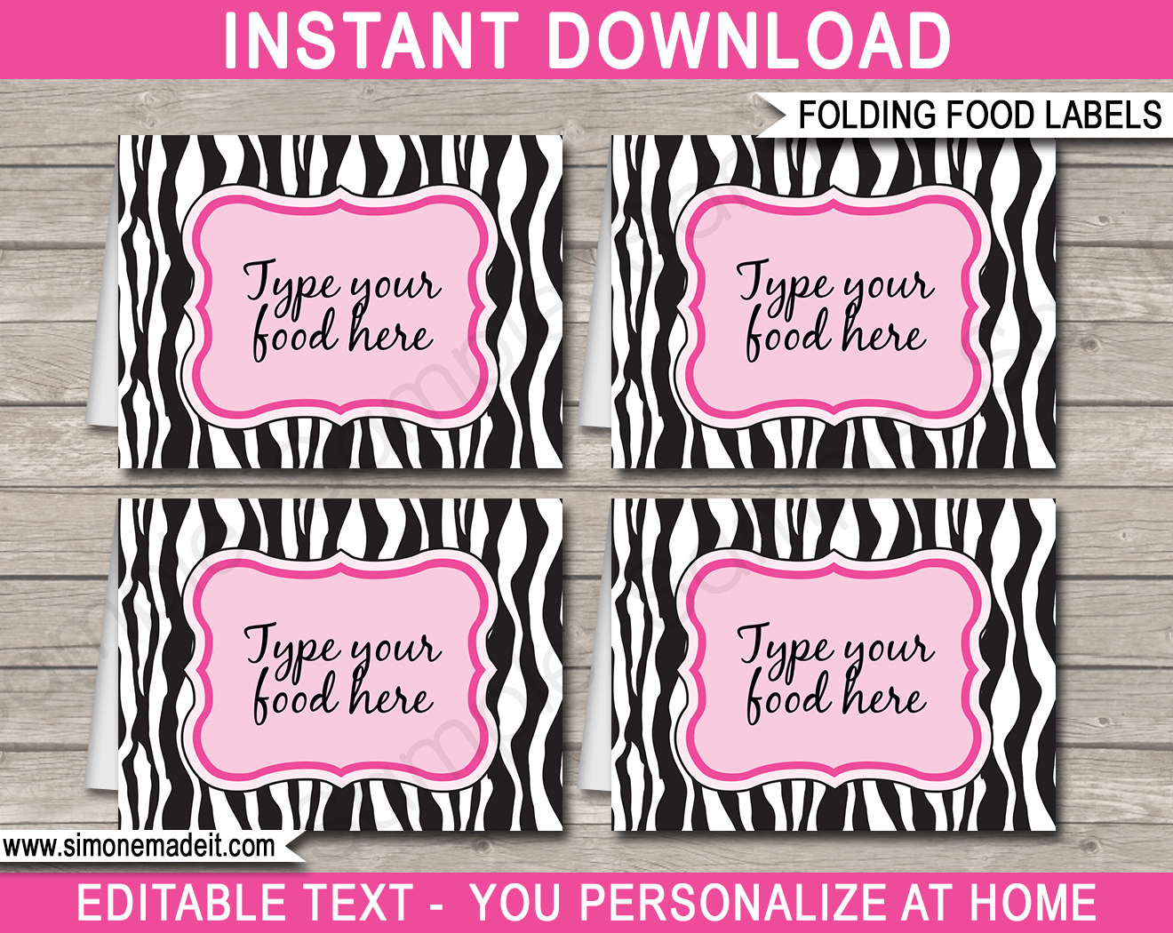 Pink Zebra Printable Food Labels | Food Buffet Tags | Tent Cards | Place Cards | Zebra Theme Birthday Party Decorations | DIY Editable Template | Instant Download via simonemadeit.com