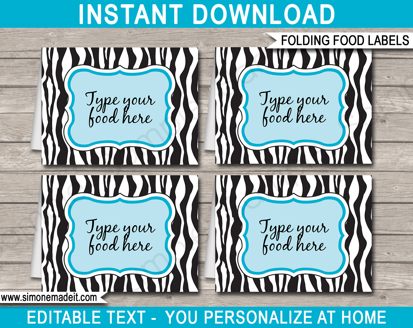 Printable Zebra Food Labels | Food Buffet Tags | Tent Cards | Place Cards | Zebra Theme Birthday Party Decorations | DIY Editable Template | Instant Download via simonemadeit.com