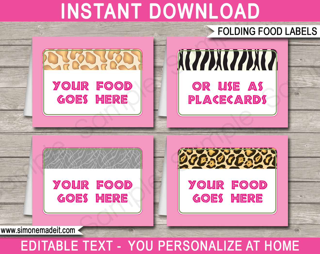 Pink Safari Birthday Party Food Labels | Food Buffet Tags | Place Cards | Animal Safari, Zoo, Jungle Theme | Editable DIY Template | Instant Download via SIMONEmadeit.com
