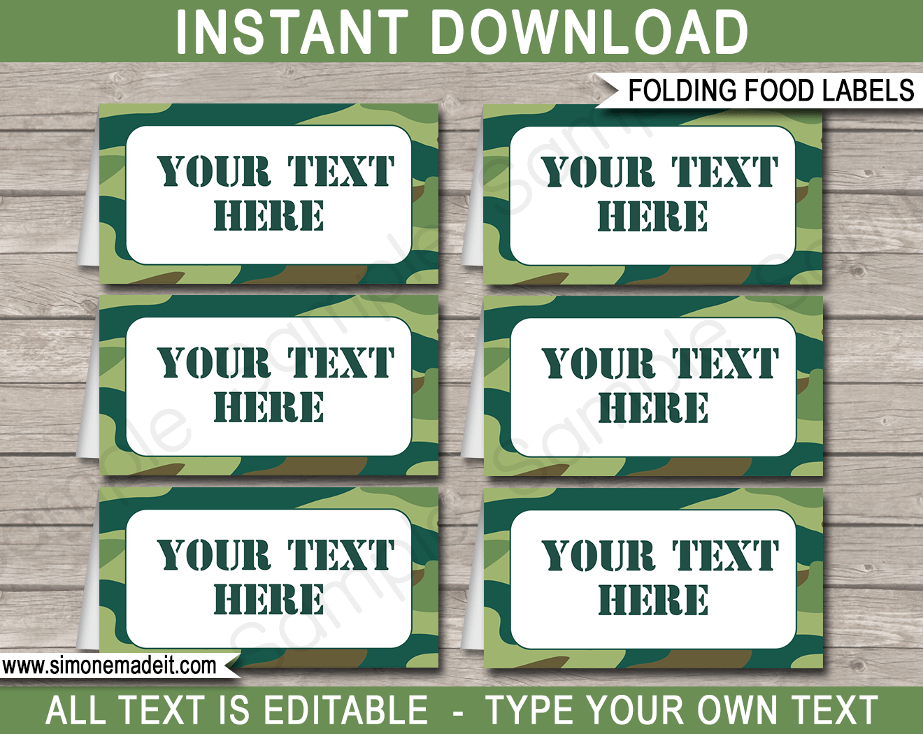 Printable Green Camo Food Labels | Food Buffet Tags | Tent Cards | Place Cards | Army Theme Birthday Party Decorations | DIY Editable Template | Instant Download via simonemadeit.com