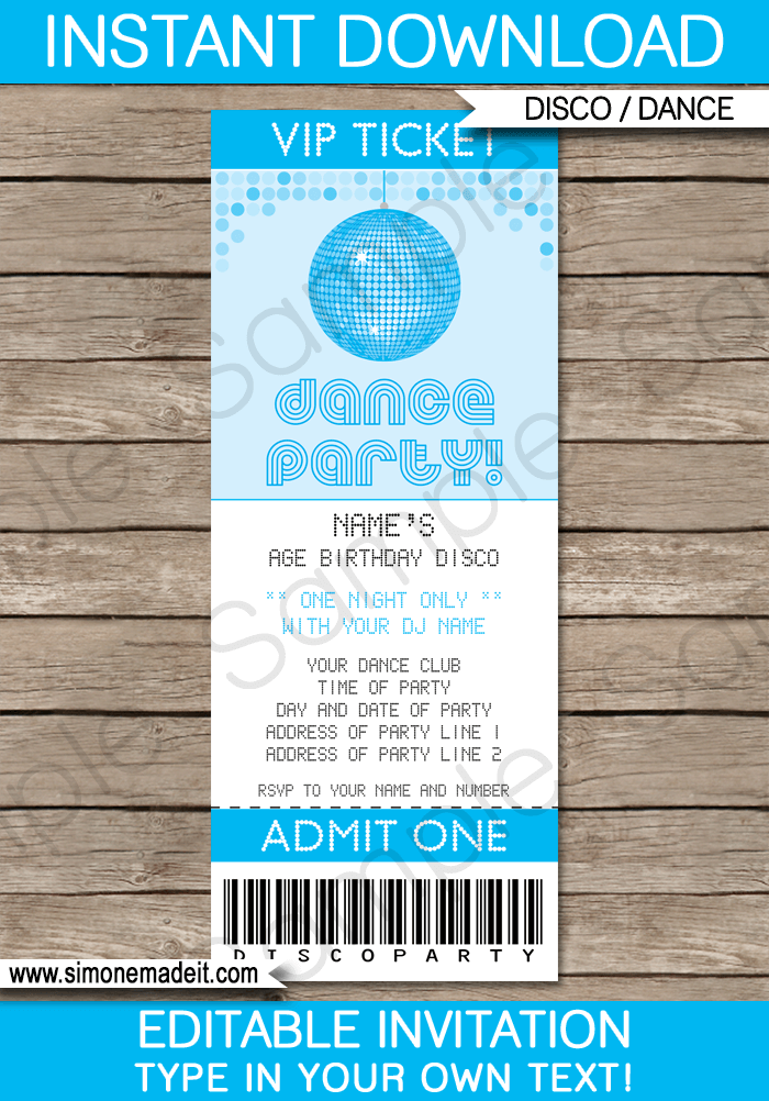 Blue Dance Theme Party Ticket Invitations for kids | Disco Birthday Party Theme | Editable DIY Printable Template | INSTANT DOWNLOAD $7.50 via SIMONEmadeit.com