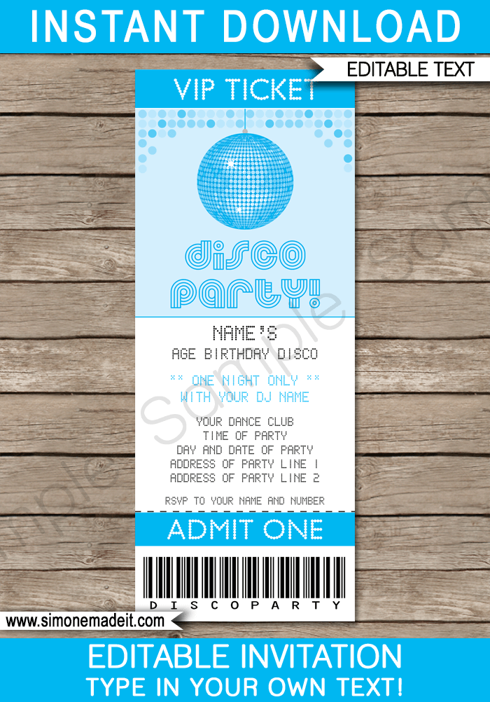 Blue Disco Theme Party Ticket Invitations for kids | Birthday Party | Editable DIY Printable Template | INSTANT DOWNLOAD $7.50 via SIMONEmadeit.com