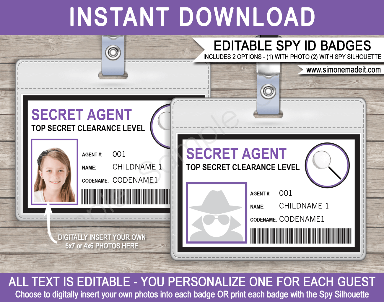 Girls Secret Agent Badge Template | Girls Spy Badge | ID Card | Birthday Party | DIY Editable & Printable | INSTANT DOWNLOAD $3.50 via SIMONEmadeit.com