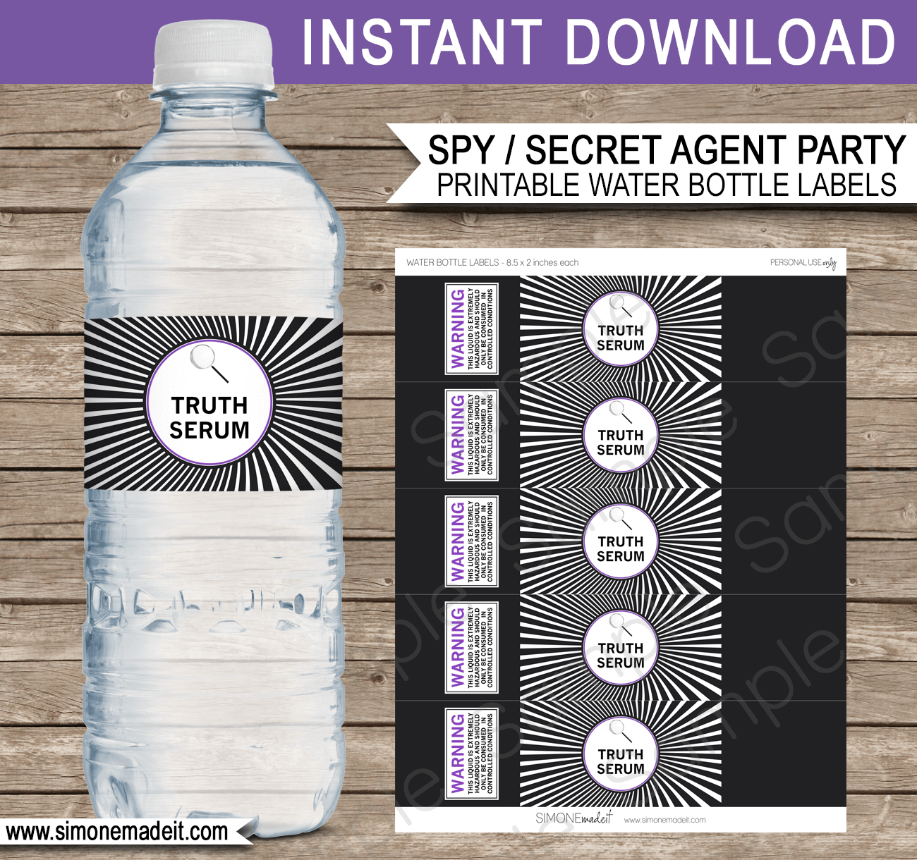 Girls Spy Party Water Bottle Labels | Truth Serum | Secret Agent Birthday Party Printable Template | $3.00 INSTANT DOWNLOAD via SIMONEmadeit.com