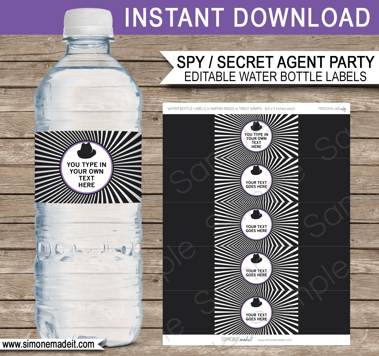 Girls Spy Party Water Bottle Labels | Secret Agent Birthday Party | DIY Editable & Printable Template | $3.00 INSTANT DOWNLOAD via SIMONEmadeit.com