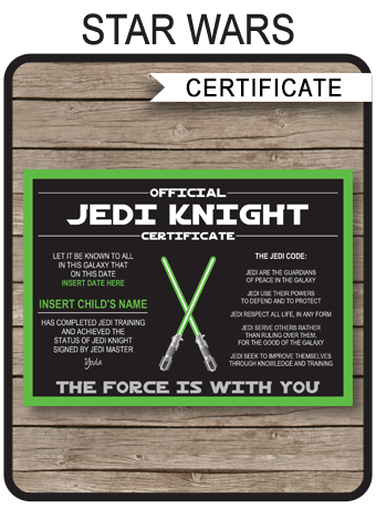 Star Wars Jedi Certificates Star Wars Party Favors Jedi Knight