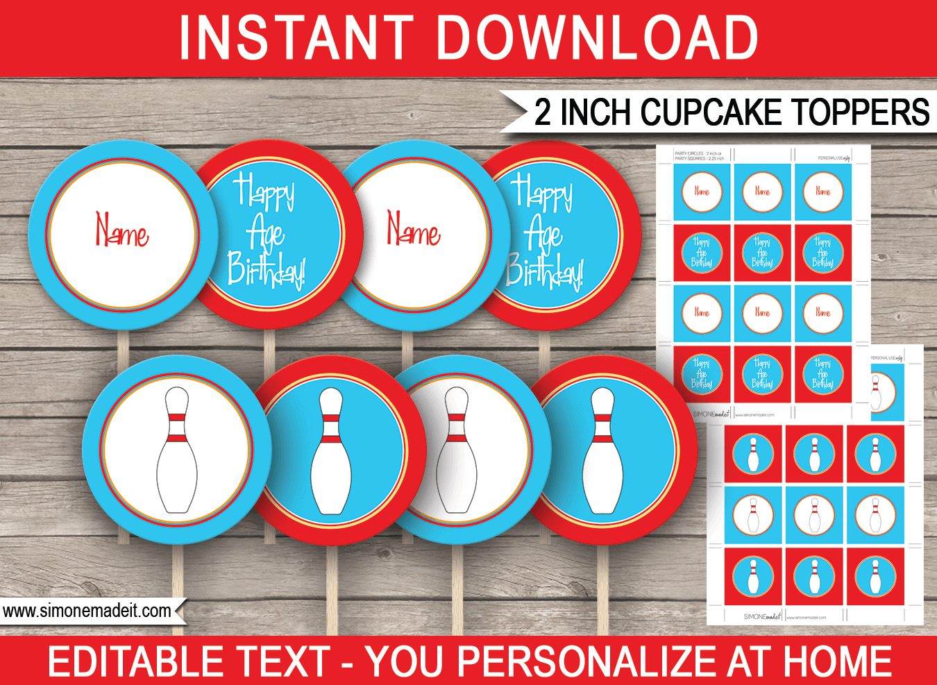 Printable Bowling Party Cupcake Toppers | 2 inch | Gift Tags | DIY Editable & Printable Template | INSTANT DOWNLOAD via simonemadeit.com