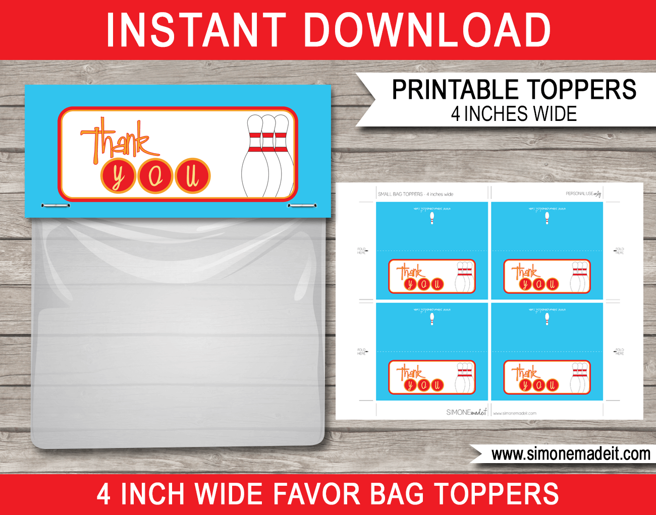 Bowling Birthday Party Favor Bag Toppers | Bowling Theme Birthday Party Favors | $3.00 INSTANT DOWNLOAD via SIMONEmadeit.com