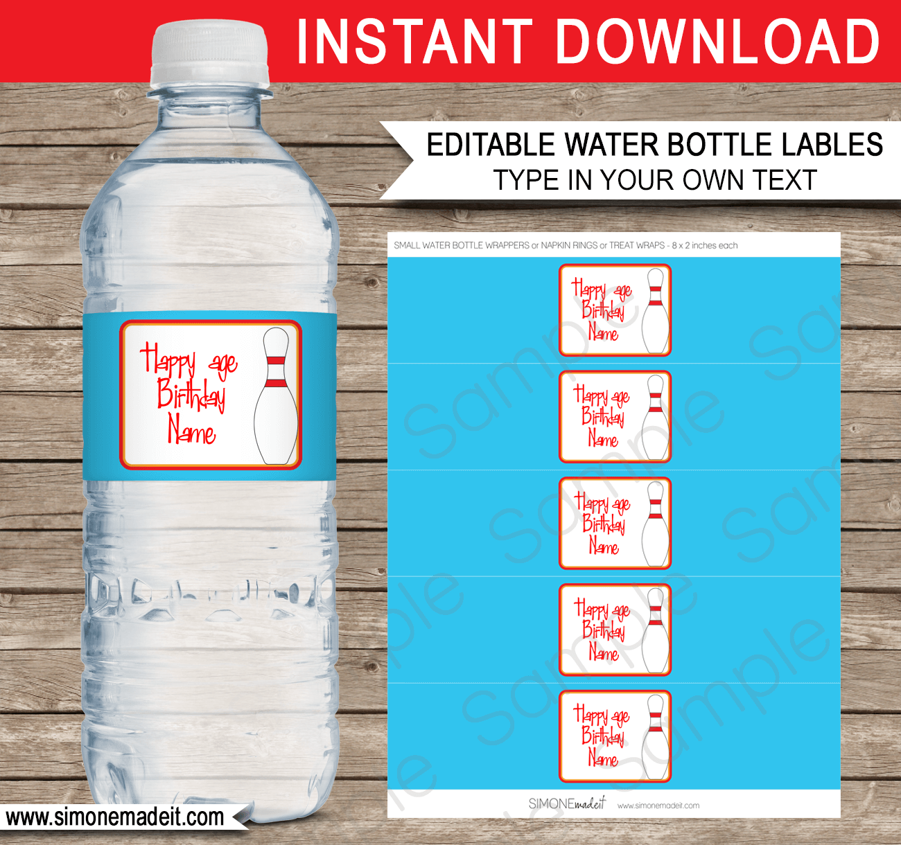 Bowling Party Water Bottle Labels | Bowling Theme Birthday Party Template | Napkin Wraps | Treat Wraps | DIY Editable & Printable Template | INSTANT DOWNLOAD via simonemadeit.com