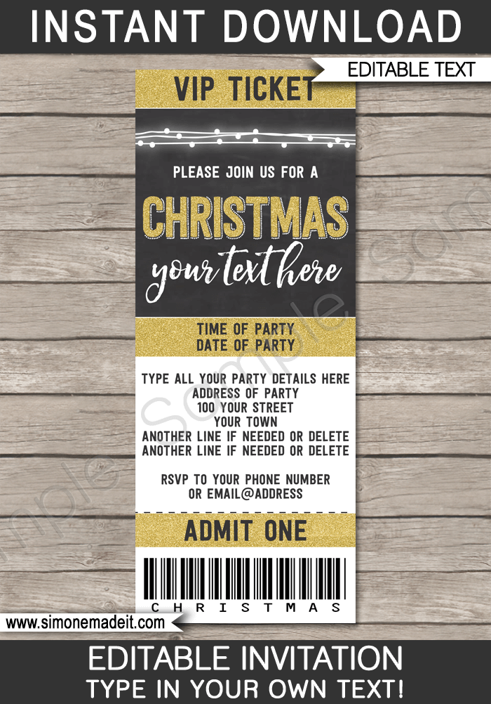 Gold Christmas Party Ticket Invitations | Printable Christmas Ticket Invites | Chalkboard & Gold Glitter | Editable Template | INSTANT DOWNLOAD via simonemadeit.com