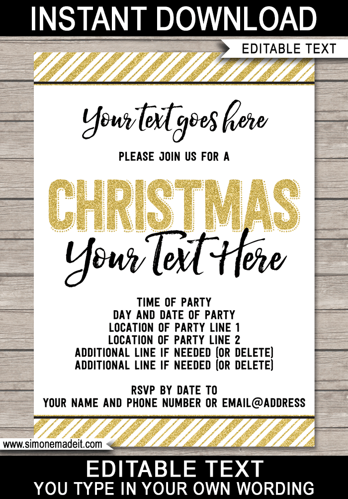 Printable Gold Christmas Party Invitations - Editable Christmas Party Invites - DIY Template - INSTANT DOWNLOAD via simonemadeit.com