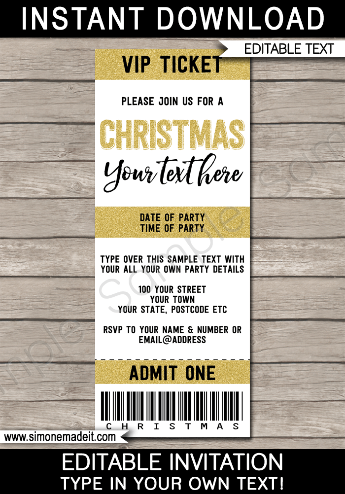 Printable Christmas Party Ticket Invitations | Christmas Ticket Invites | Gold Glitter | Editable Template | INSTANT DOWNLOAD via simonemadeit.com