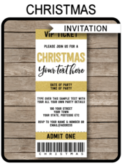 Printable Christmas Party Ticket Invitations | Printable Christmas Ticket Invites | Gold Glitter | Editable Template | INSTANT DOWNLOAD via simonemadeit.com