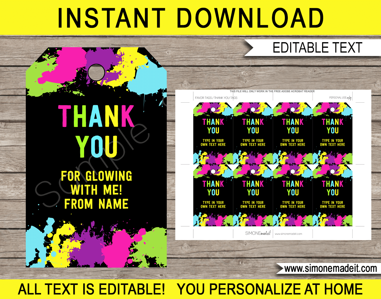 Neon Glow Party Favor Tags | Thank You Tags | Neon Glow Theme Birthday Party Favor | Editable DIY Template | via SIMONEmadeit.com