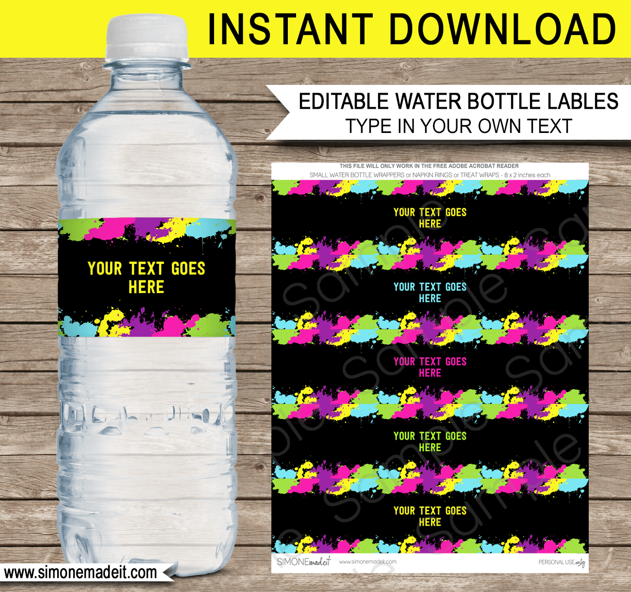 Neon Glow Party Water Bottle Labels | Neon Glow Theme Birthday Party Template | Napkin Wraps | Treat Wraps | DIY Editable & Printable Template | INSTANT DOWNLOAD via simonemadeit.com