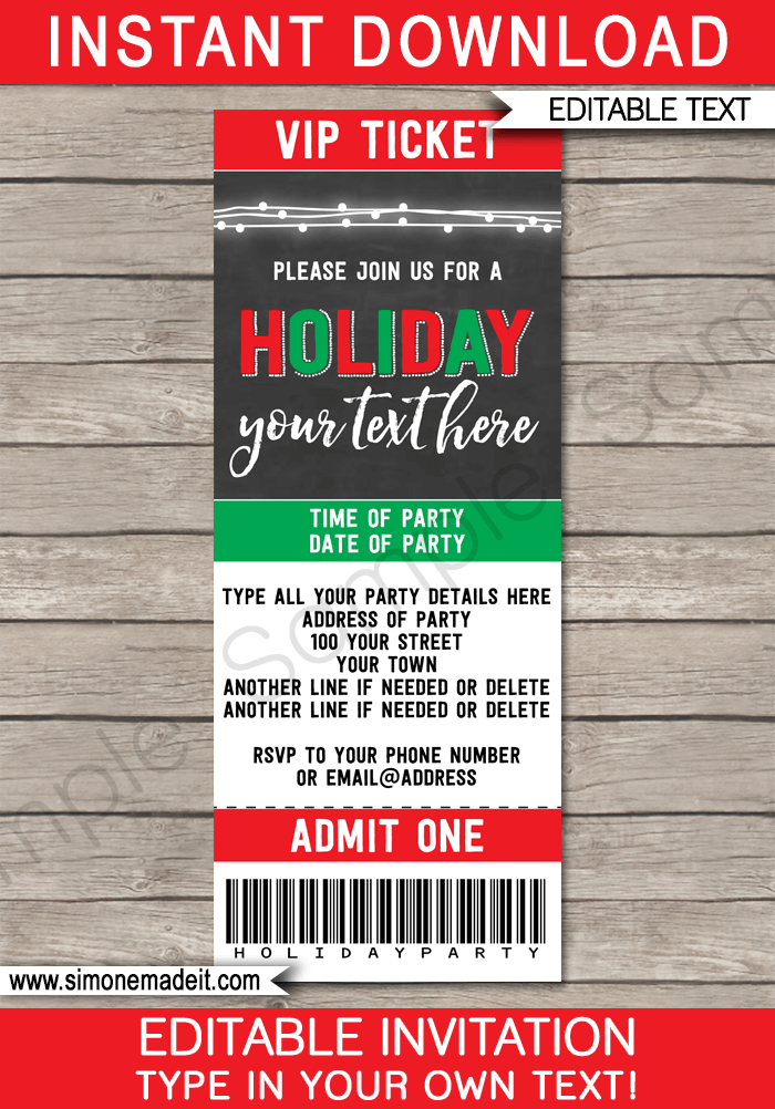 Printable Holiday Party Ticket Invitations | Holiday Party Invites | Chalkboard | Editable Template | INSTANT DOWNLOAD via simonemadeit.com
