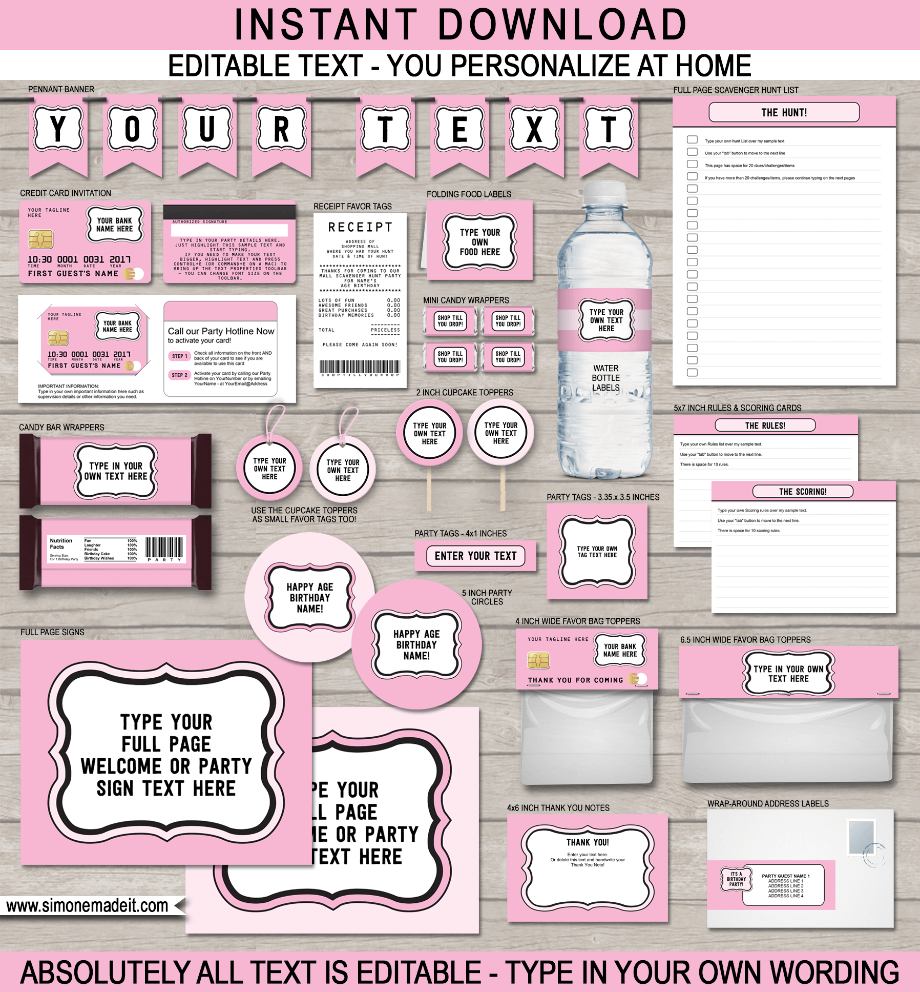 Mall Scavenger Hunt Birthday Invitations & Decorations - Pink - Shopping Theme Party - Editable & Printable templates - INSTANT DOWNLOAD via simonemadeit.com