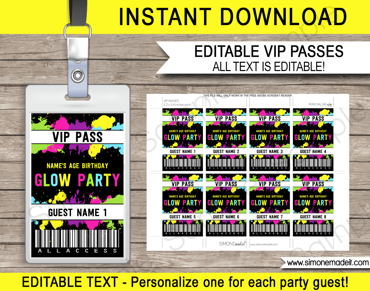 Neon Glow Party VIP Passes | Neon Glow Theme Birthday Party | Printable Template with editable text | INSTANT DOWNLOAD via simonemadeit.com