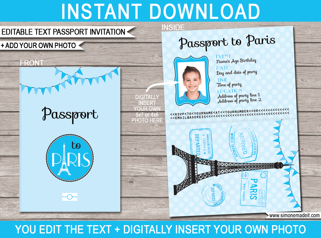 Printable Paris Passport Birthday Invitation Template | Paris Theme Birthday Party | Passport to Paris | Editable & Printable DIY Template | INSTANT DOWNLOAD via simonemadeit.com #passporttoparis