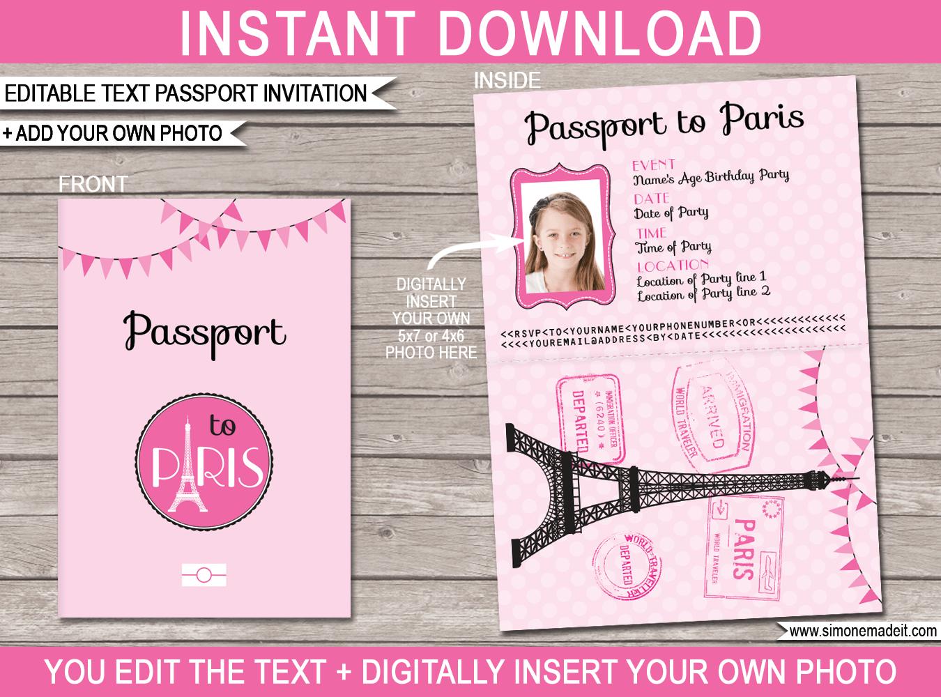 Paris Passport Invitation Template with Photo | Paris Theme Birthday Party Printables | Editable & Printable DIY Template | INSTANT DOWNLOAD via simonemadeit.com #passporttoparis #parispassport