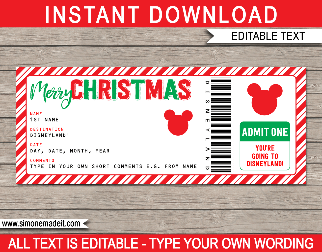 Christmas Surprise Trip to Disneyland Ticket | Mickey Mouse | Printable