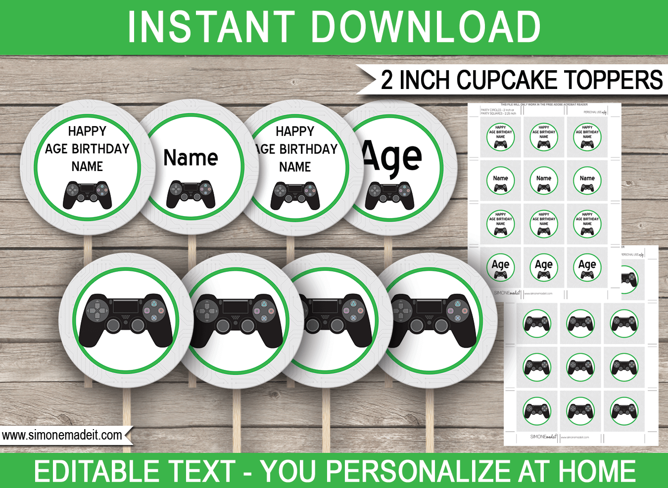 Printable Playstation Party Cupcake Toppers | Video Game Theme | 2 inch | Gift Tags | DIY Editable Template | INSTANT DOWNLOAD via simonemadeit.com