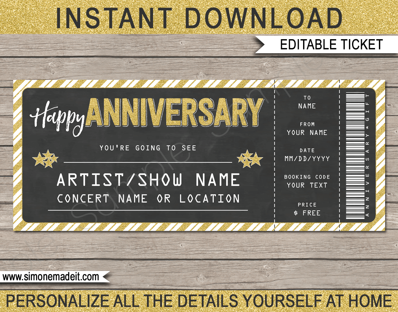 Concert Ticket Gift template.Printable Anniversary Concert Ticket Gift template - Last Minute Surprise Gift - Concert, Show,