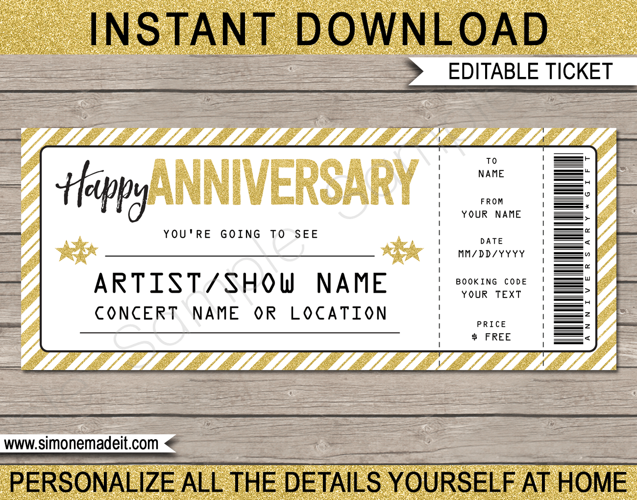 Anniversary Gift Concert Ticket template | Surprise Anniversary Gift