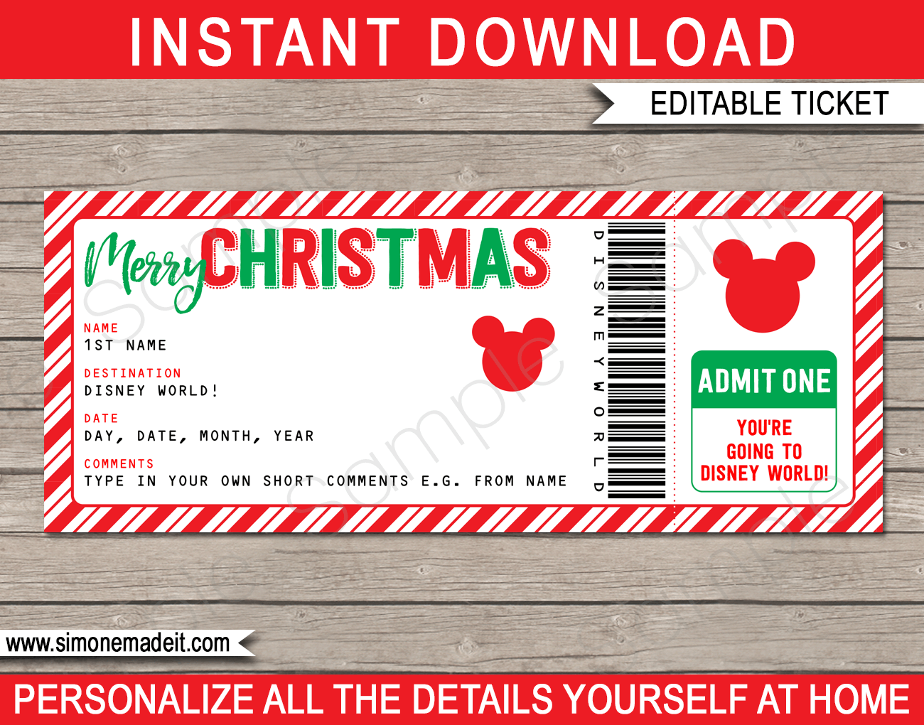 image regarding Disney World Printable Tickets named Xmas Marvel Getaway in the direction of Disney Worldwide Ticket crimson inexperienced