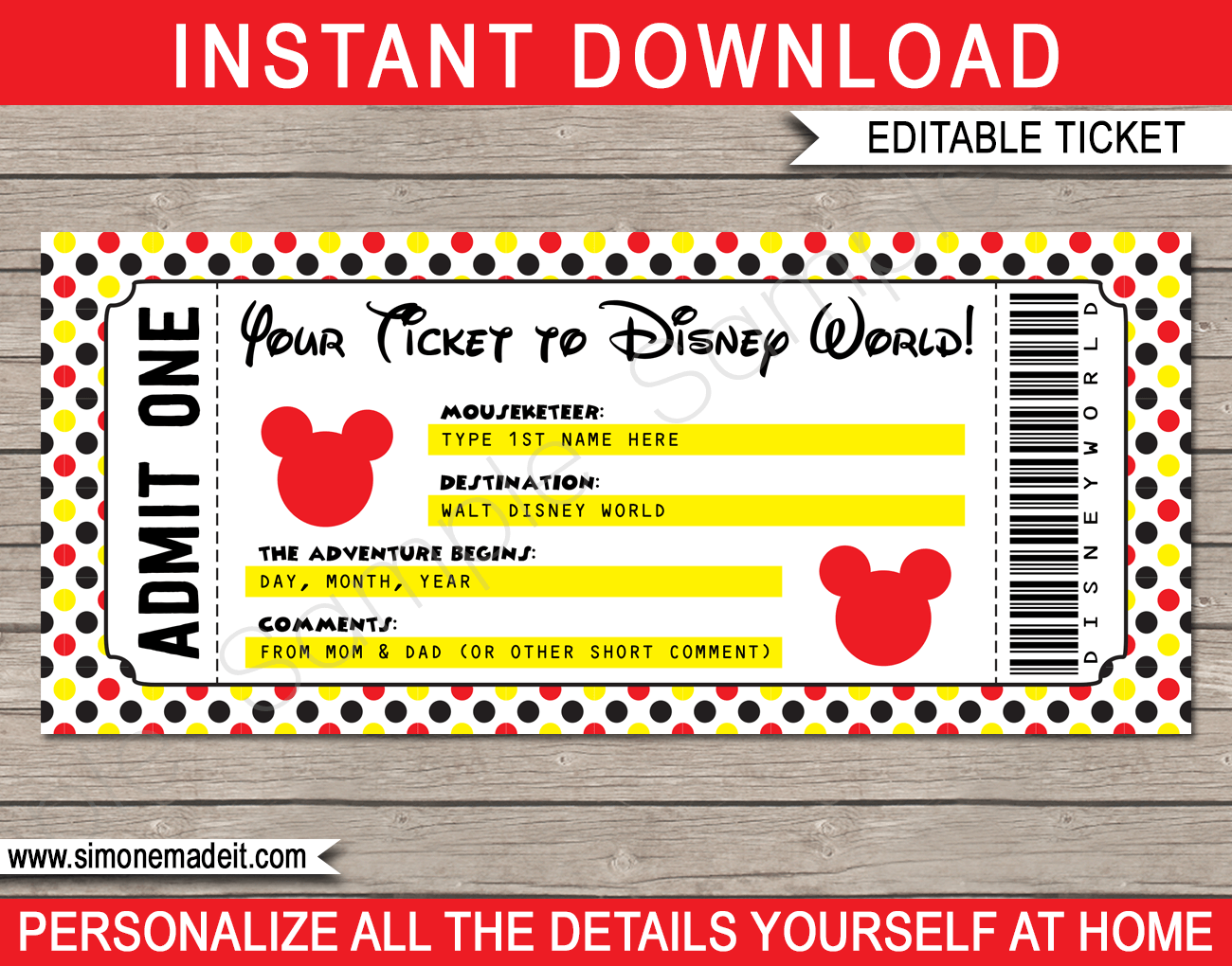 Printable Ticket to Disney World Walt Disney World Birthday Gift