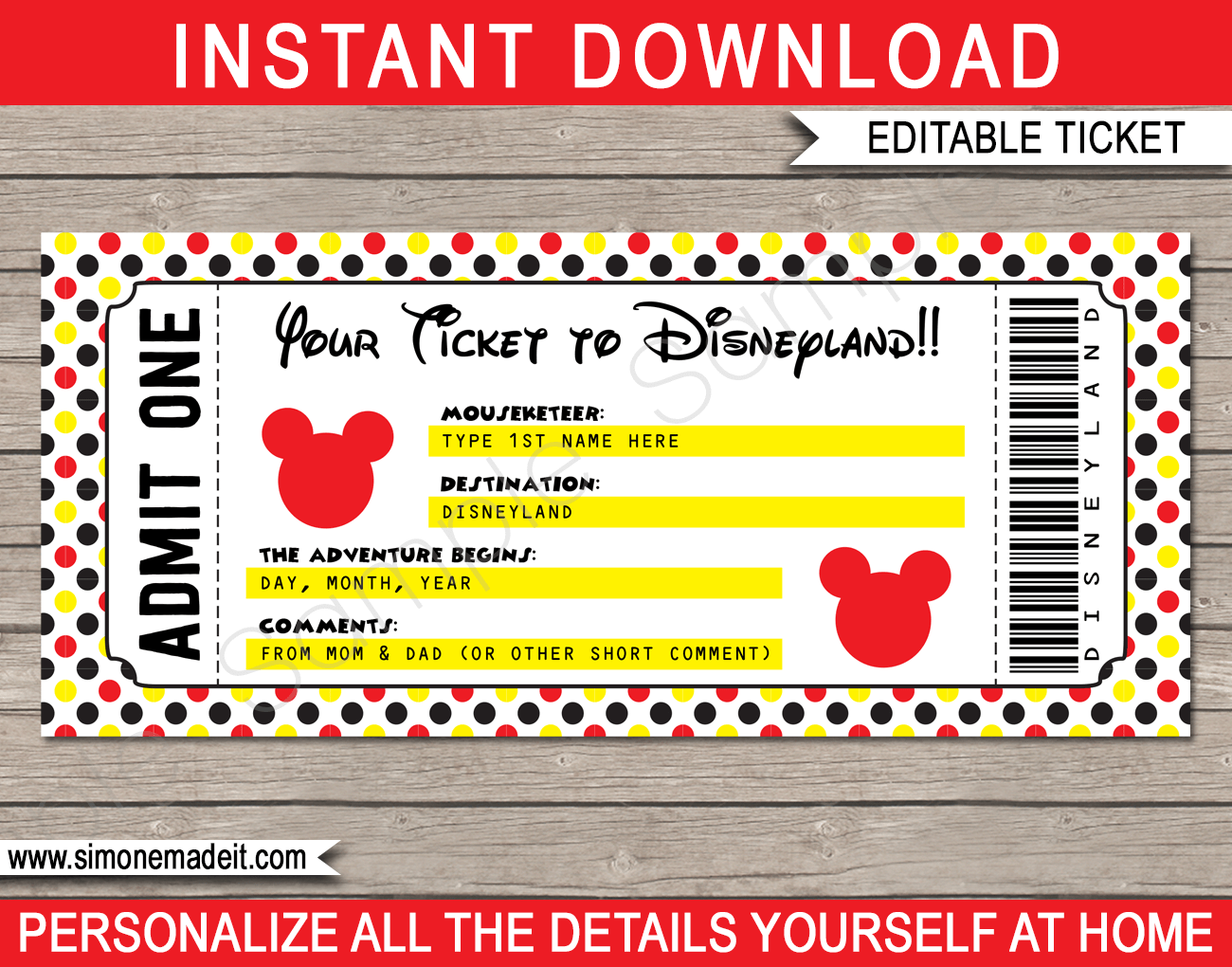 Printable Ticket To Disneyland Surprise Trip To Disneyland Birthday 