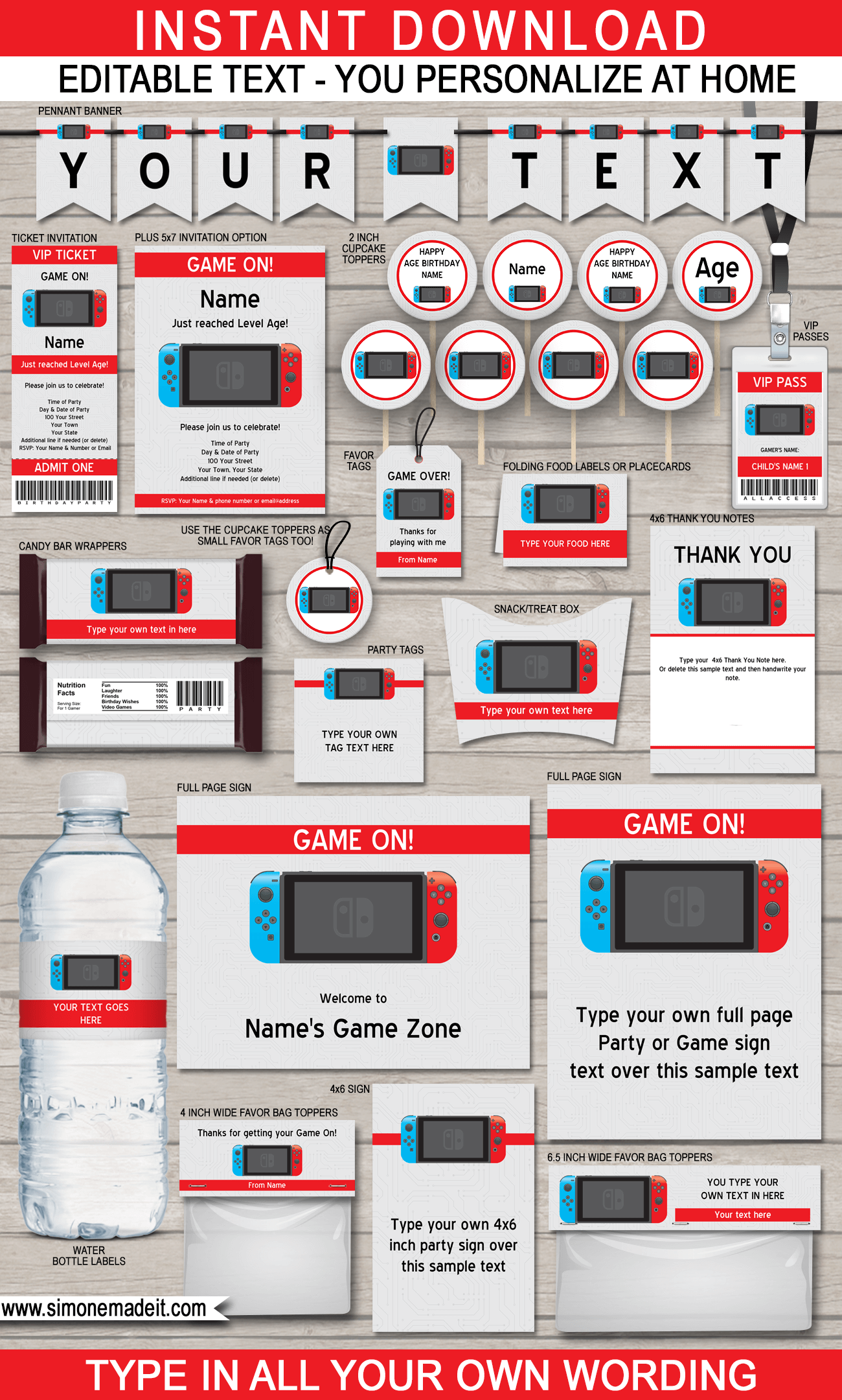 Nintendo Switch Party Printables, Invitations & Decorations - Video Game Theme Birthday Party - Red & Blue - Gamer - Editable & Printable templates - INSTANT DOWNLOAD via simonemadeit.com