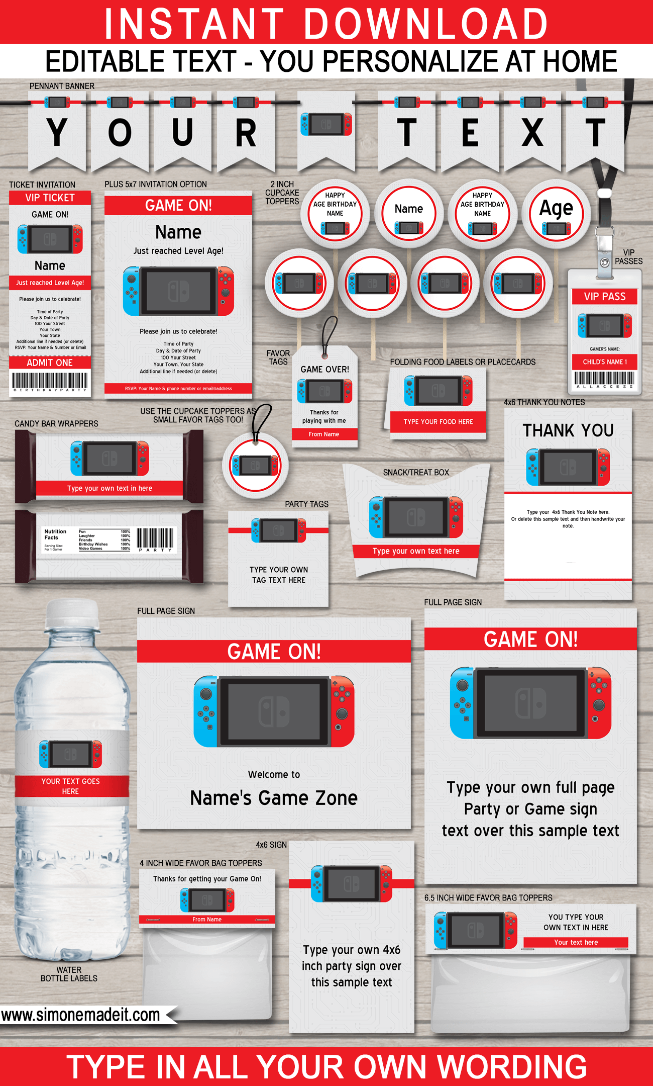 Printable Nintendo Switch Birthday Party Invitations & Decorations - Video Game Birthday Party Themes - Editable & Printable templates - INSTANT DOWNLOAD via simonemadeit.com