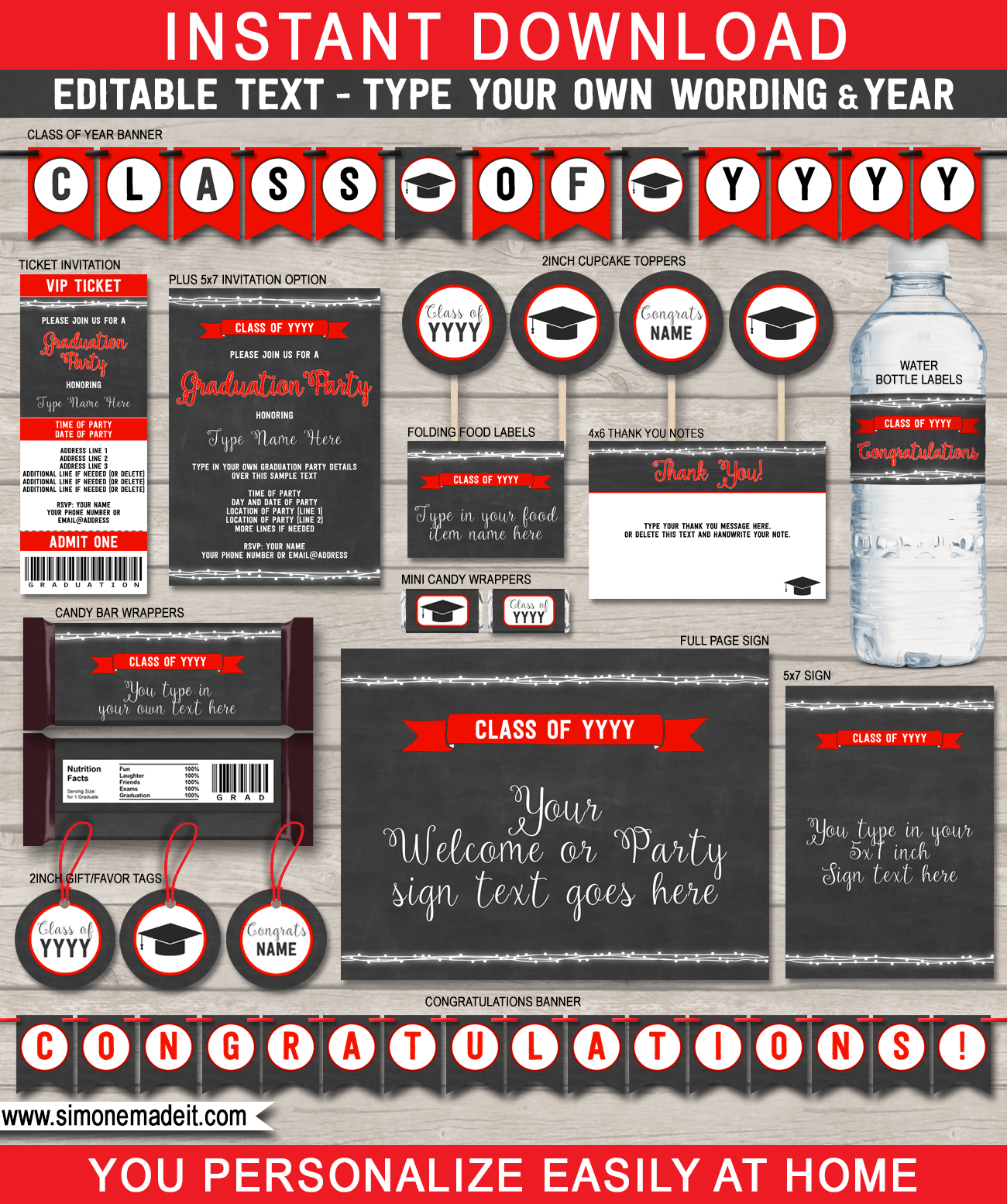Red Graduation Party Printables, Invitations and Decorations | Chalkboard | Printable High School Graduation Party Decorations | for any year | Editable and Printable DIY Templates | $12.50 INSTANT DOWNLOAD via SIMONEmadeit.com