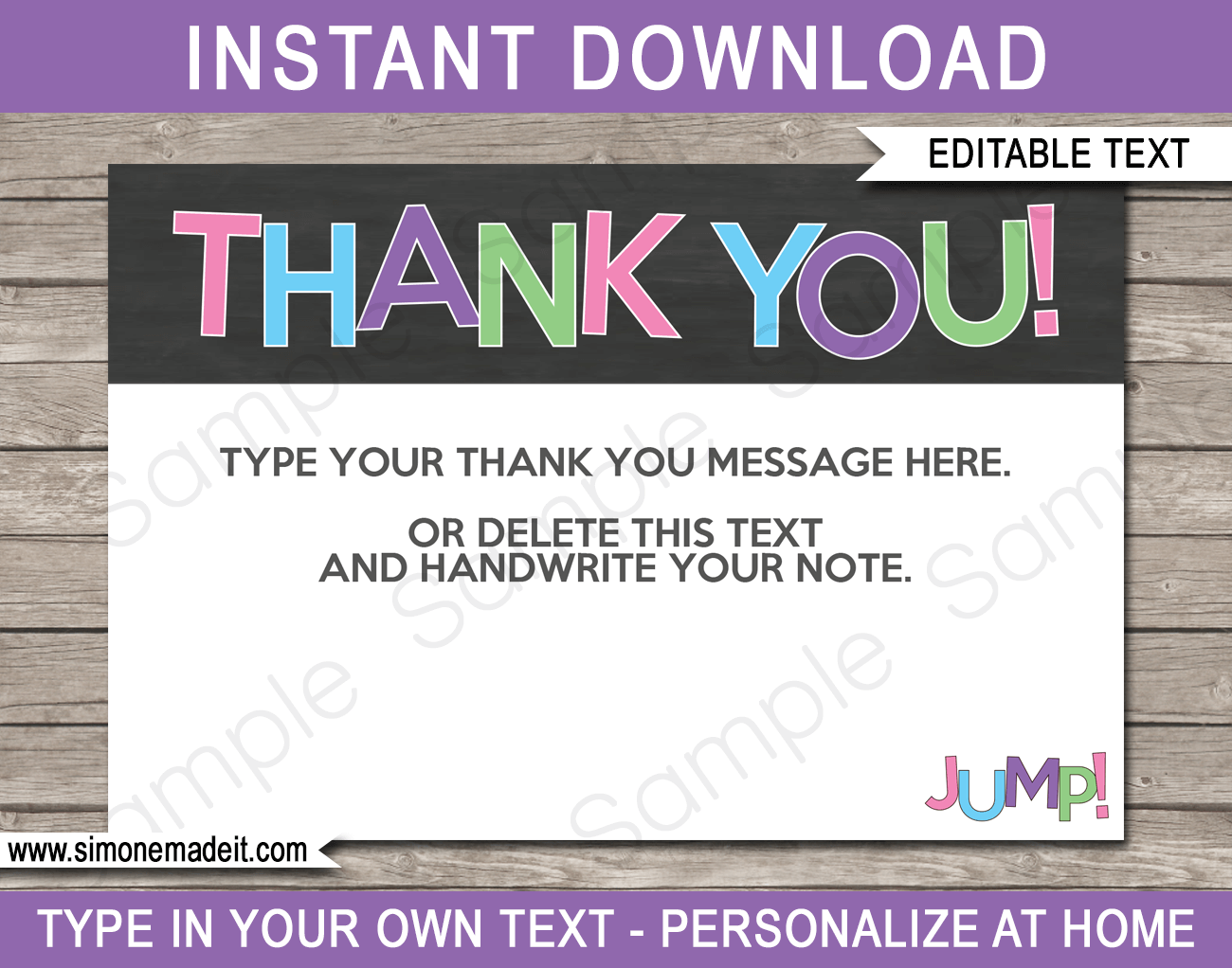 Girls Trampoline Party Thank You Cards - editable & printable template - Trampoline Birthday Party theme - Jump - Instant Download via simonemadeit.com
