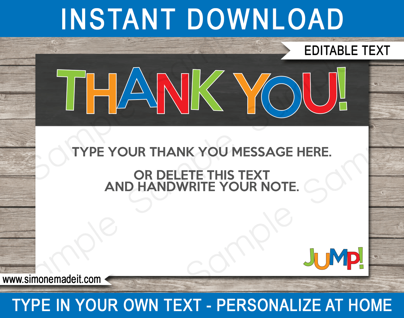 Trampoline Party Thank You Cards - editable & printable template - Trampoline Birthday Party theme - Jump - Instant Download via simonemadeit.com