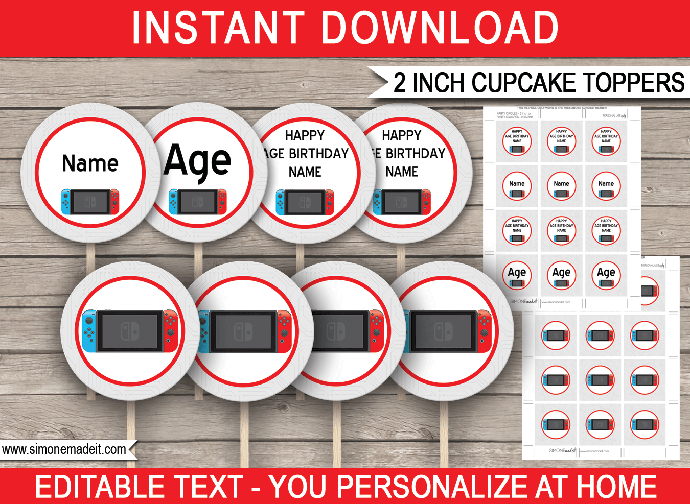 Printable Nintendo Switch Cupcake Toppers | Video Game Theme | 2 inch | Gift Tags | DIY Editable & Printable Template | INSTANT DOWNLOAD via simonemadeit.com