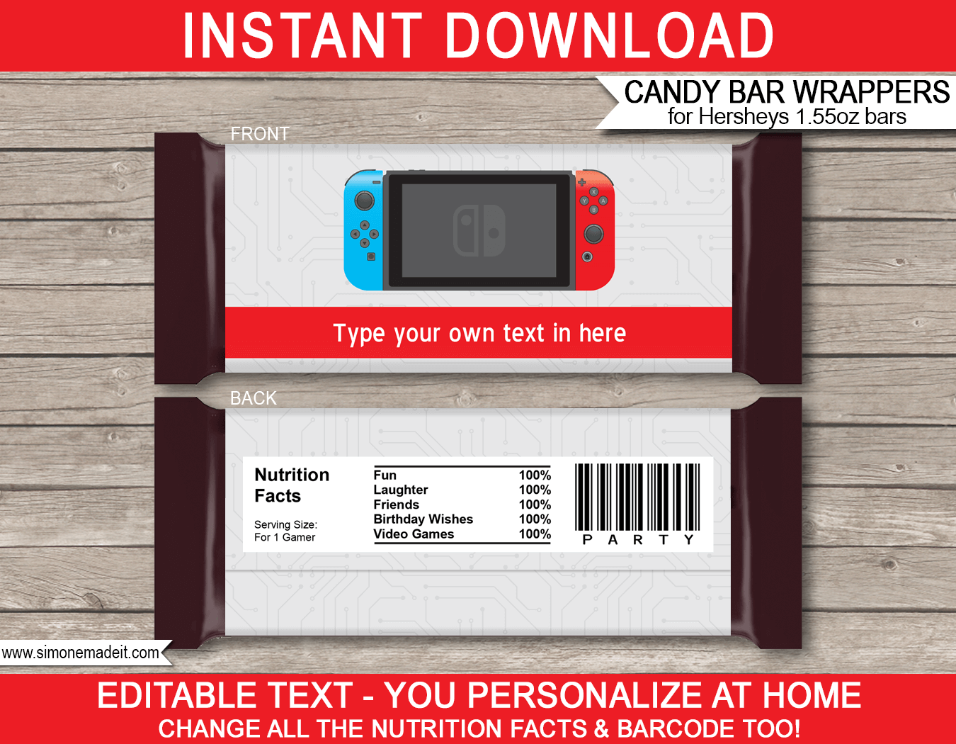 Nintendo Switch Theme Candy Bar Wrappers | Birthday Party Favors | Personalized Hershey Candy Bars | Editable Template | INSTANT DOWNLOAD $3.00 via simonemadeit.com