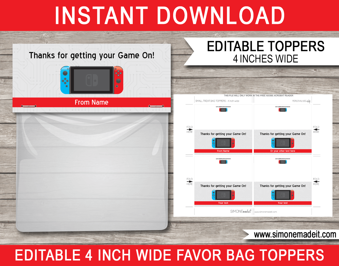 Nintendo Switch Party Favor Bag Toppers | Video Game Birthday Party | Editable DIY Template | $3.00 INSTANT DOWNLOAD via SIMONEmadeit.com