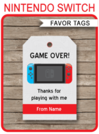 Nintendo Switch Party Favor Tags template